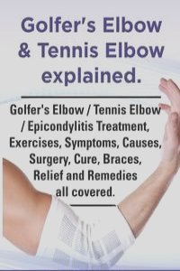 Golfer's Elbow & Tennis Elbow explained. Golfer's Elbow / Tennis Elbow / Epicondylitis Treatment, Exercises, Symptoms, Causes, Surgery, Cure, Braces, Relief and Remedies all covered.